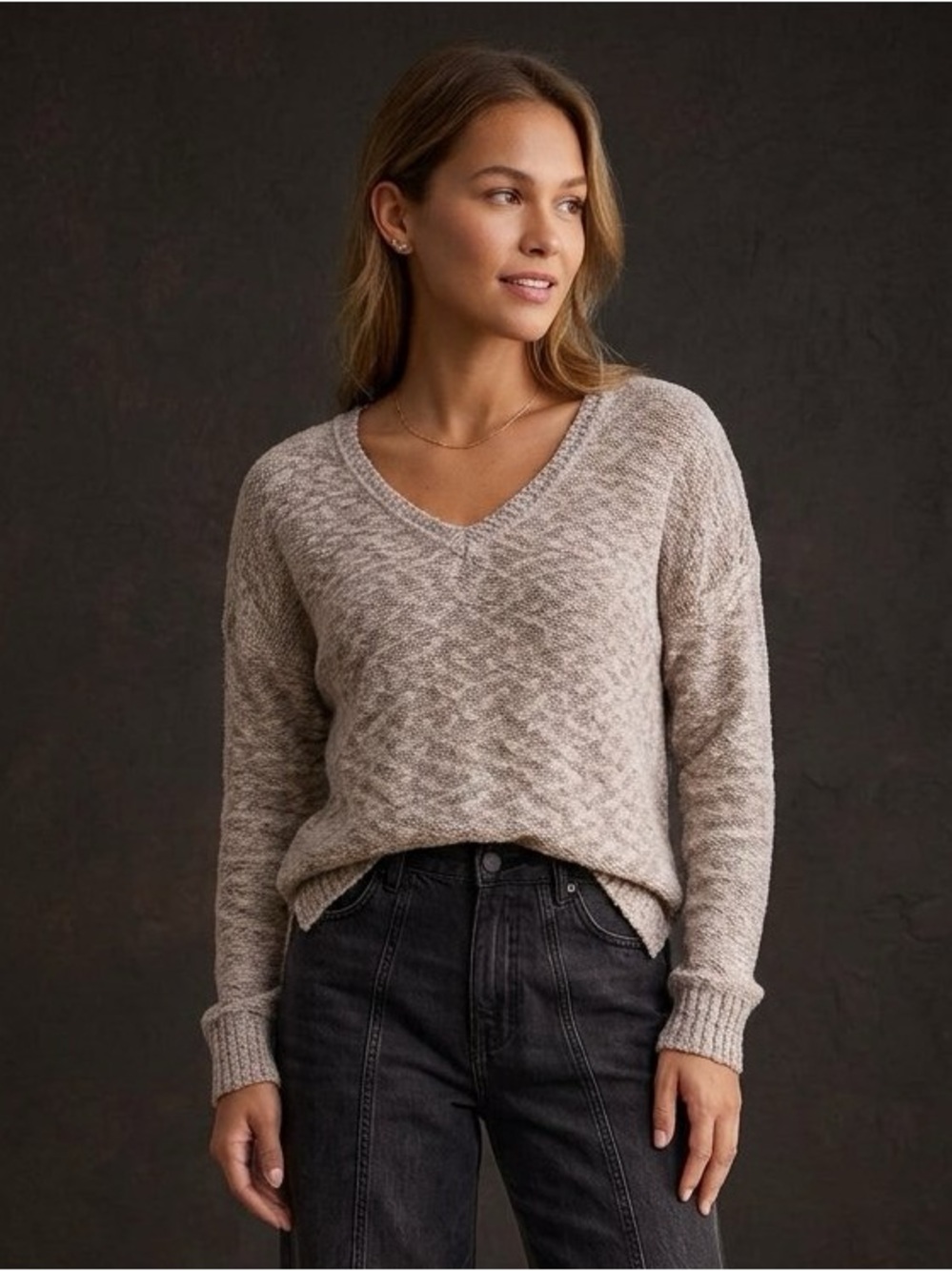 Wild Pearl V-Neck Lightweight Knit Sweater in Taupe Gray